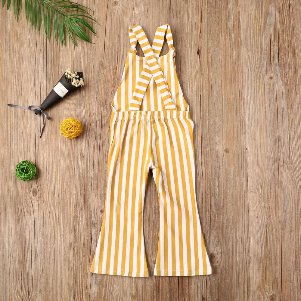 2025 New Toddler Kids Baby Girls Clothes Sleeveless Stripe Romper Jumpsuit Flare Long Pants Overalls Summer Fall Kids Clothing